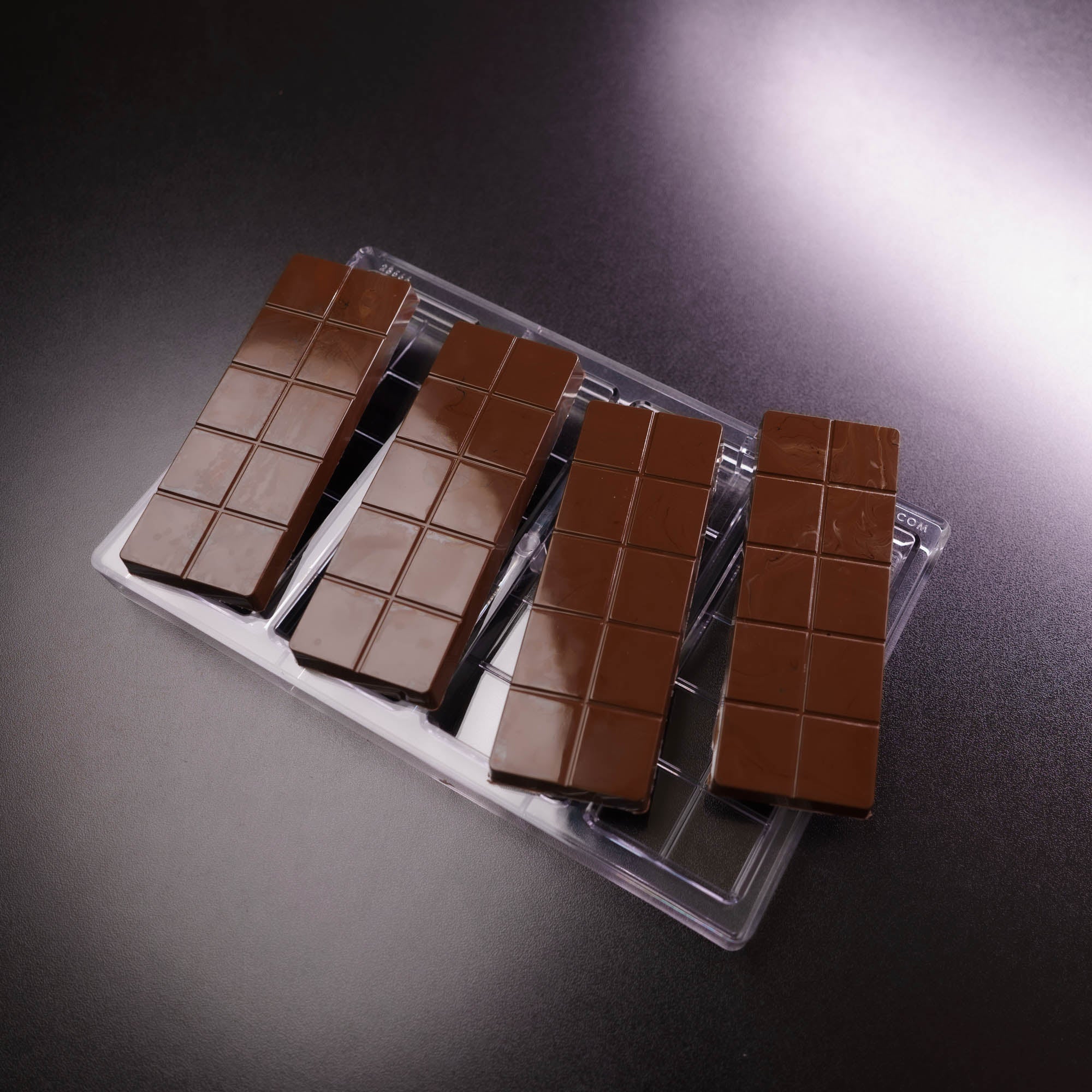 4 Cavity Dubai Chocolate Bar Mold with Chocolate Samples