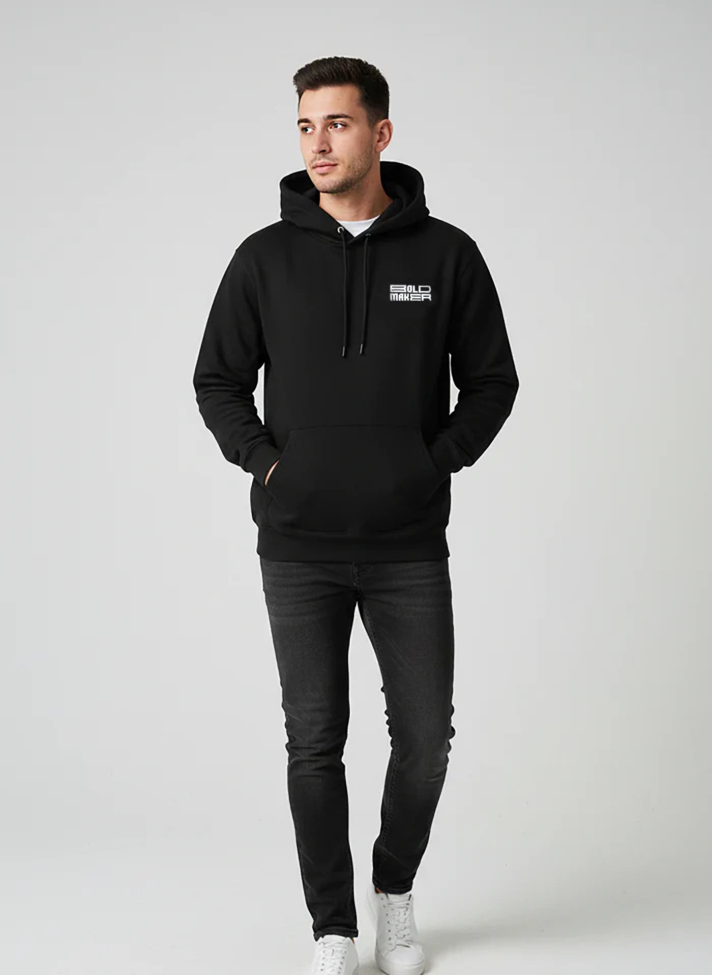 Bold Maker™ Black Hooded Sweatshirt – Relaxed-Fit Core Fleece Logo Hoodie