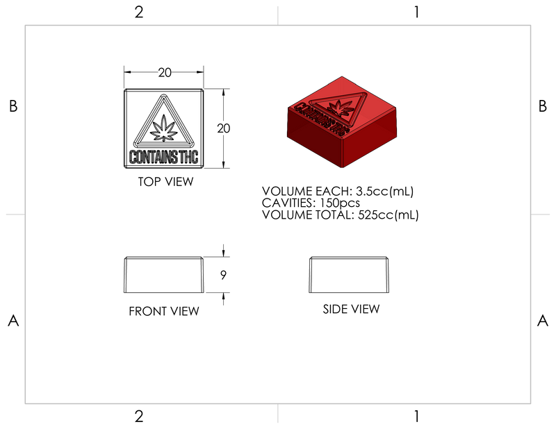 BoldMaker3DDrawingof3.5mLSquareCandyGummyDepositorMoldMassachusettsMaineRhodeIslandTHCTriangleSymbol150Cavities100percentPlatinumSilicone